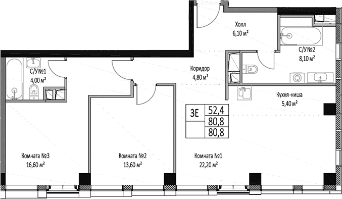 3-комн., 80.8 м², 3/27 этаж, ЖК «ЭМОУШН»