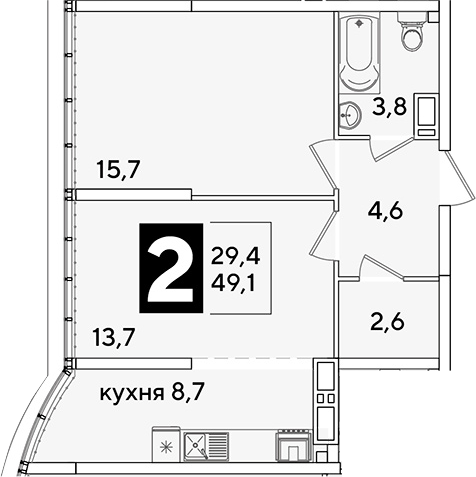2-комн. квартира, 49.1 м² в ЖК Самолет — фото 2