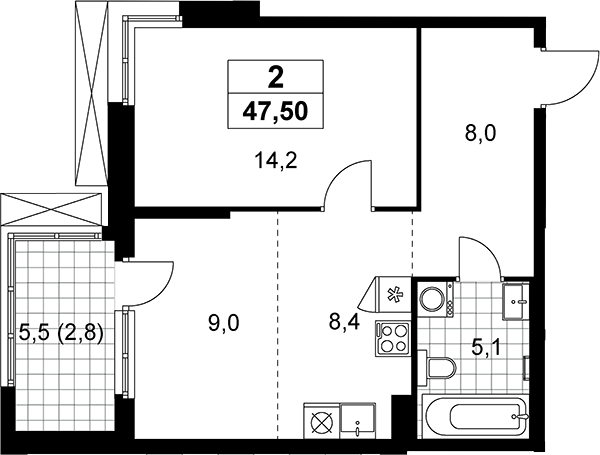 2-комн., 44.7 м², 13/21 этаж, ЖК «Дзен-кварталы»