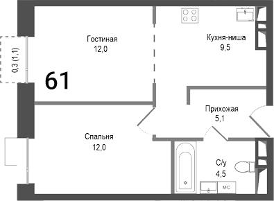 2-комн., 43.1 м², 3/8 этаж, ЖК «Киноквартал»