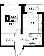 1-комн., 34.5 м², 22/24 этаж, ЖК «1-й Донской»
