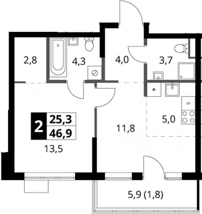 2-комн., 45.1 м², 9/9 этаж, ЖК «1-й Ясеневский»
