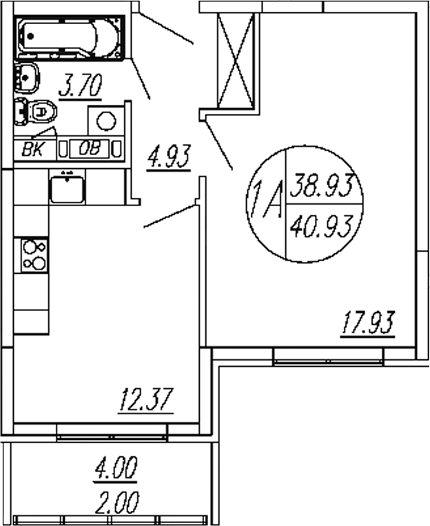 1-комн., 38.93 м², 4/4 этаж, ЖК «Шолохово»