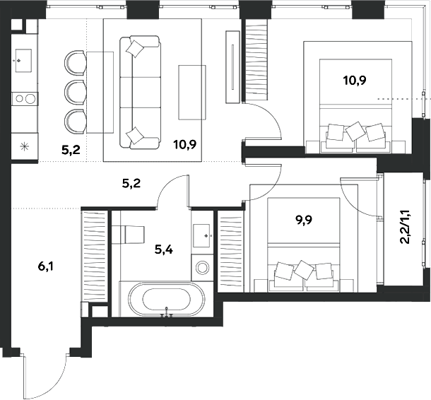 3-комн., 53.6 м², 9/30 этаж, ЖК «АЛИА»