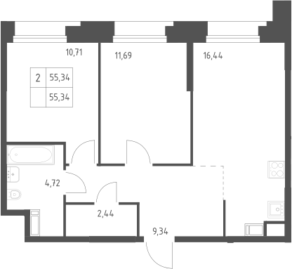 2-комн., 55.34 м², 9/23 этаж, ЖК «Тропарево Парк»