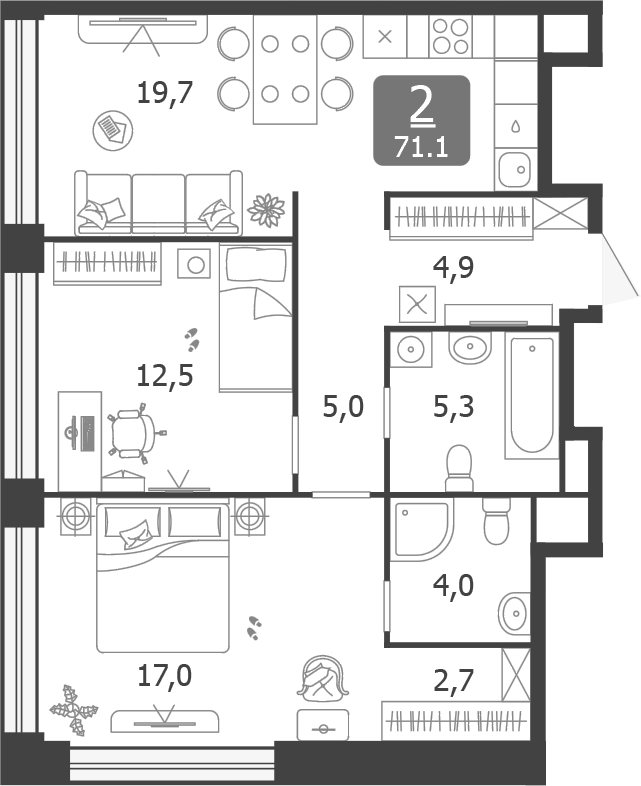 3-комн., 71.1 м², 2/12 этаж, ЖК «Шагал»