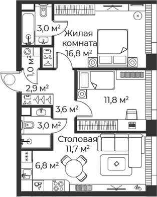 3-комн., 60.7 м², 33/38 этаж, ЖК «Веер»