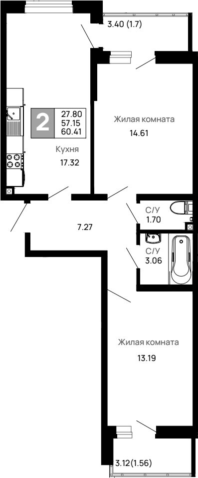 2-комн. квартира, 57.15 м² в ЖК Долина — фото 2