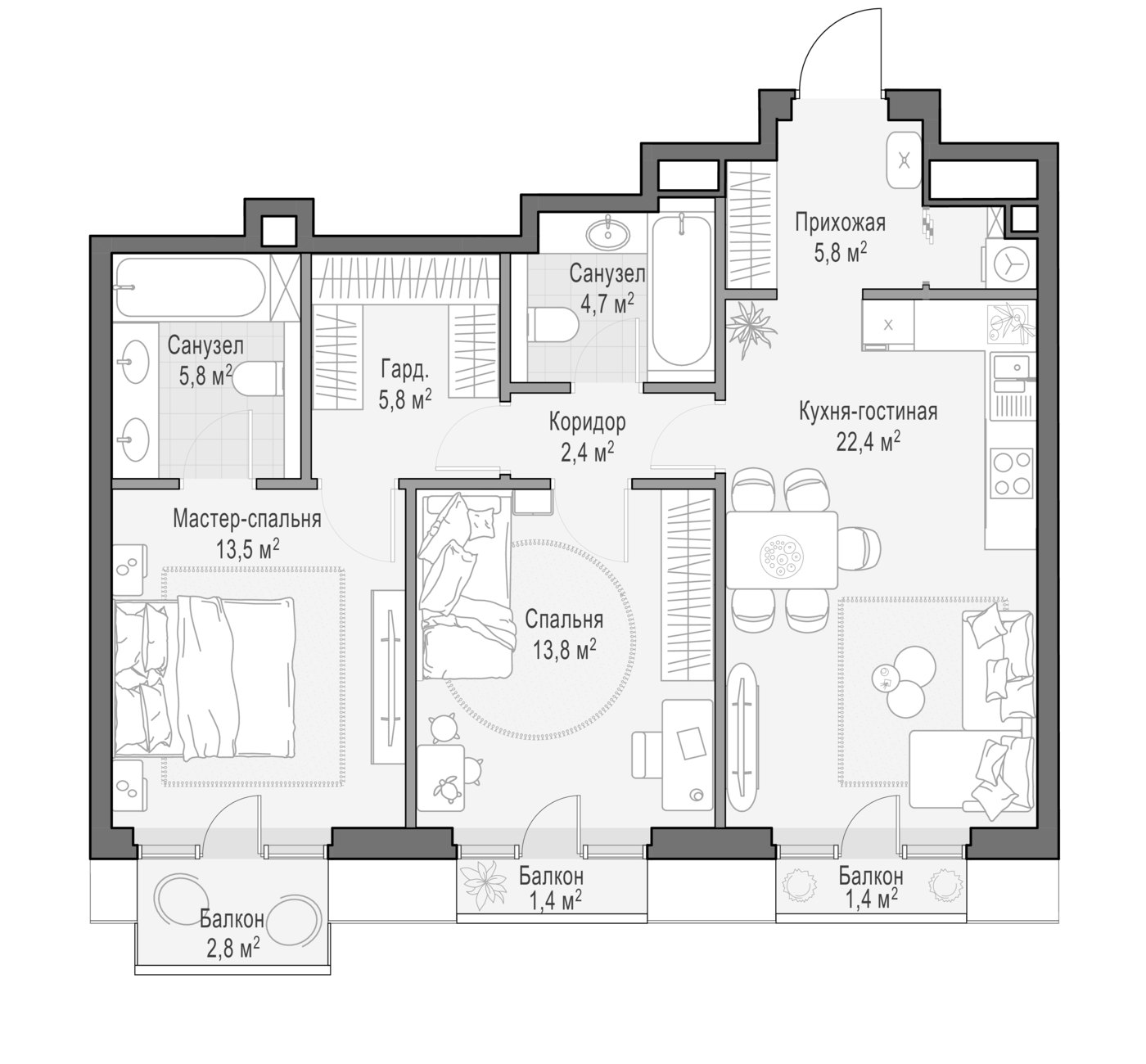 3-комн., 73.92 м², 6/9 этаж, ЖК «Квартал Тишинский бульвар»