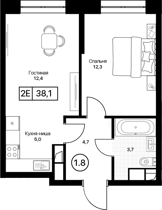 2-комн., 38.1 м², 8/17 этаж, ЖК «Пушкино Град»