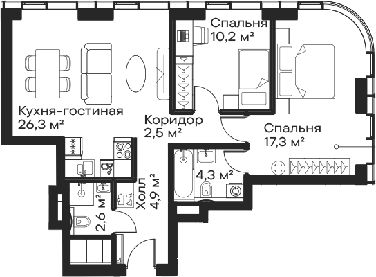 3-комн., 68.1 м², 37/59 этаж, ЖК «Сити Бэй»