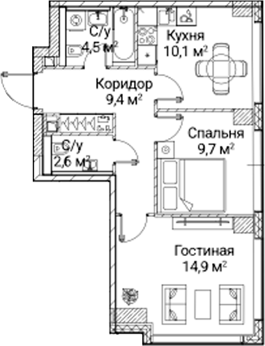 2-комн., 50.94 м², 6/41 этаж, ЖК «СЕЗАР БУДУЩЕЕ»