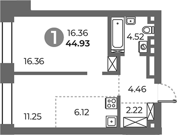 1-комн., 44.93 м², 2/24 этаж, ЖК «Павелецкая от Гранель»