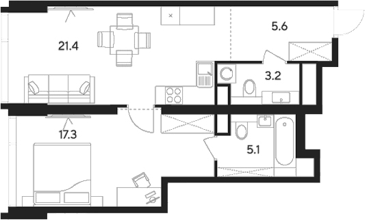 2-комн., 52.6 м², 19/43 этаж, ЖК «Инди Тауэрз от Аквилон»