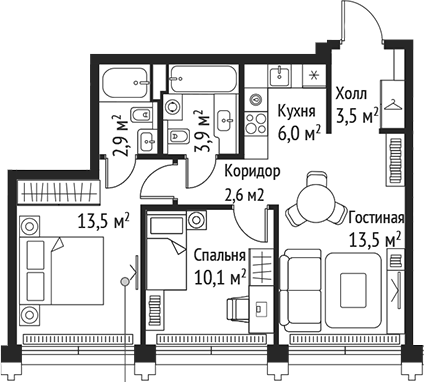 3-комн., 56 м², 52/59 этаж, ЖК «СЕТ»