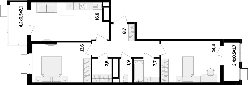 2-комн., 61.7 м², 12/16 этаж, ЖК «МегаСити»