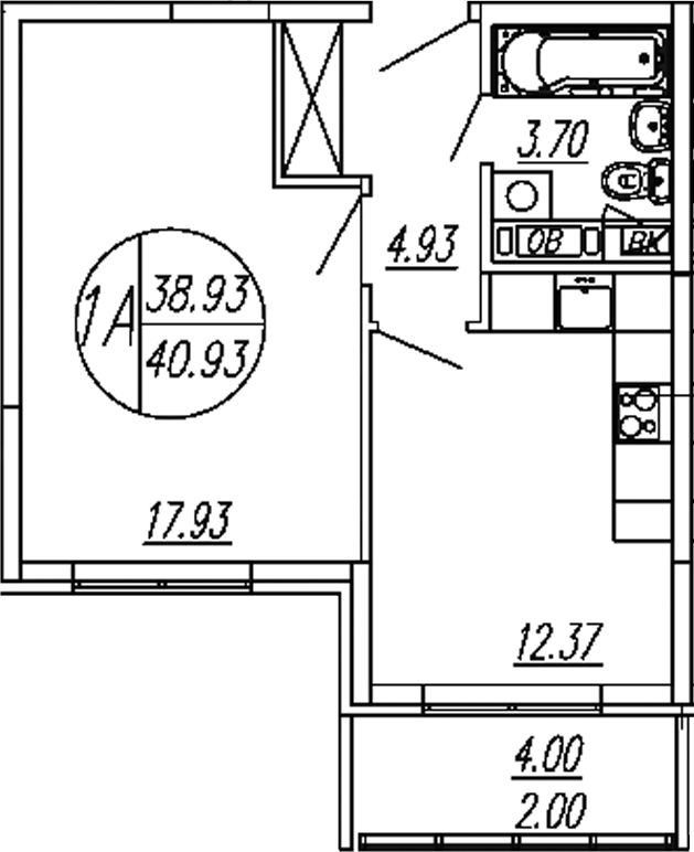 1-комн., 38.93 м², 1/4 этаж, ЖК «Шолохово»
