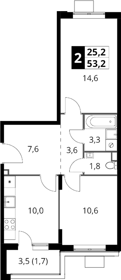 2-комн., 51.5 м², 11/17 этаж, ЖК «1-й Шереметьевский»