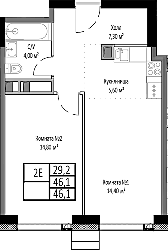2-комн., 46.1 м², 5/35 этаж, ЖК «Мираполис»