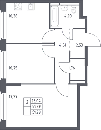 2-комн., 51.3 м², 2/16 этаж, ЖК «Космический Квартал»