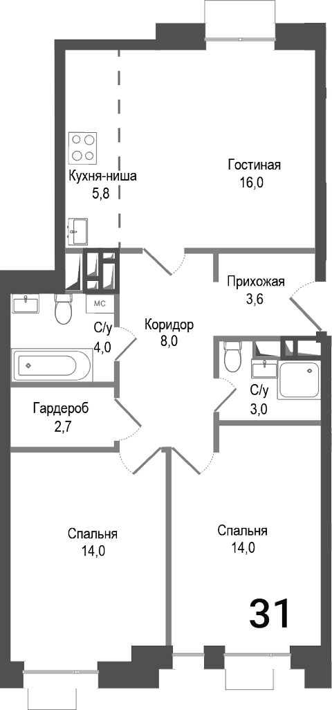 3-комн., 70.3 м², 7/8 этаж, ЖК «Киноквартал»