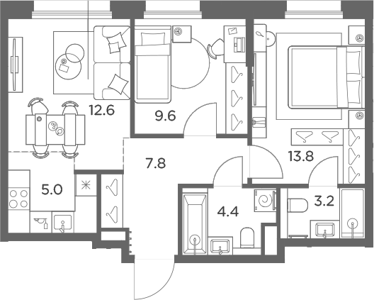 3-комн., 56.4 м², 3/6 этаж, ЖК «Станиславский»