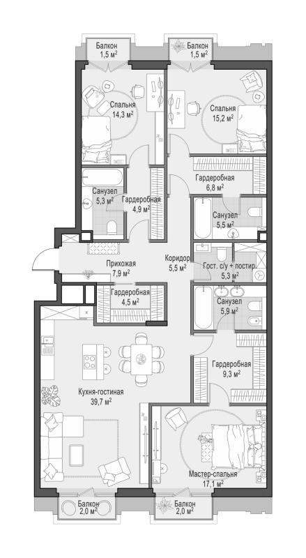 4+ комнаты, 149.2 м², 3/6 этаж, ЖК «Квартал Тишинский бульвар»