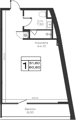 Студия, 51.6 м², 2/6 этаж, ЖК «Хако»