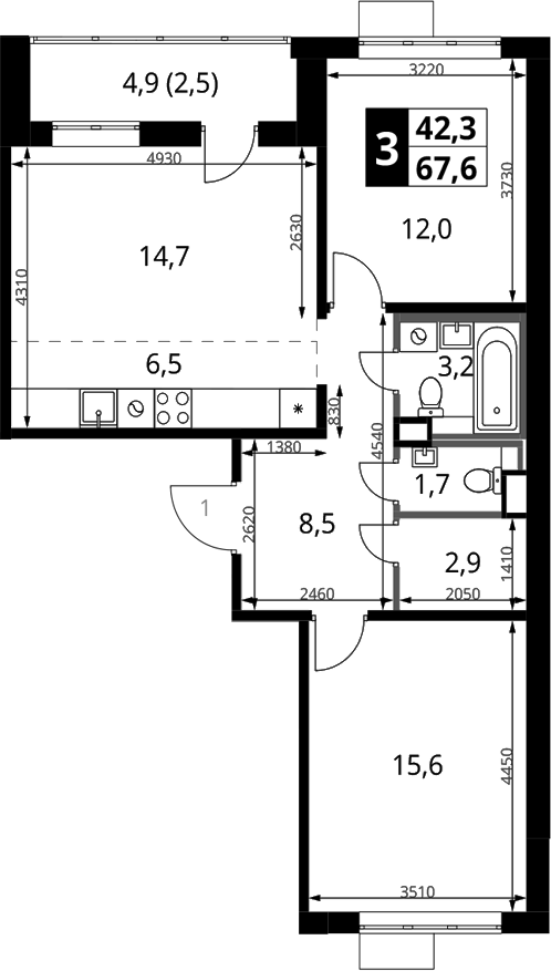 3-комн., 65.1 м², 6/9 этаж, ЖК «1-й Химкинский»