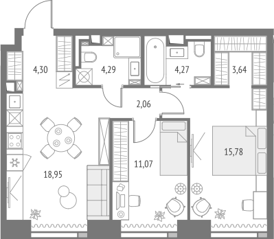3-комн., 64.36 м², 43/47 этаж, ЖК «Апсайд Тауэрс»