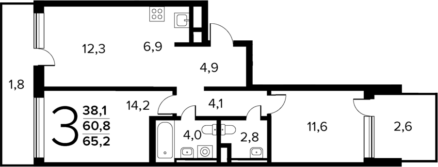 3-комн., 60.8 м², 1/12 этаж, ЖК «Новые Ватутинки Квартал у реки»