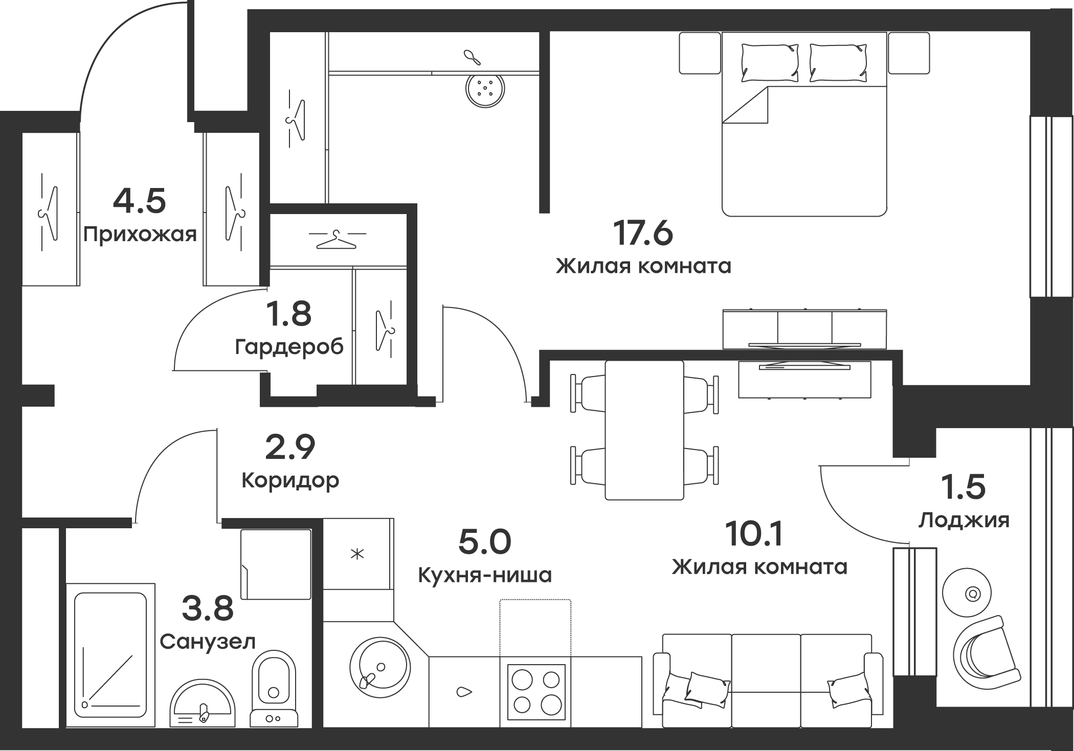 2-комн., 45.2 м², 2/4 этаж, ЖК «Равновесие»