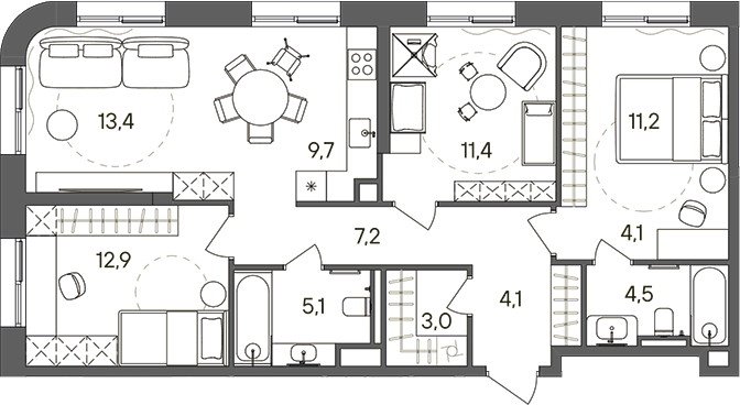 4+ комнаты, 86.6 м², 9/24 этаж, ЖК «СТОУН Сокольники»