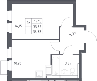 1-комн., 33.32 м², 10/25 этаж, ЖК «Большое Путилково»