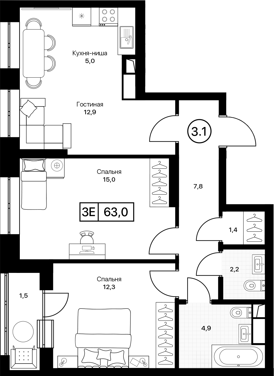 3-комн., 61.5 м², 5/17 этаж, ЖК «Пушкино Град»