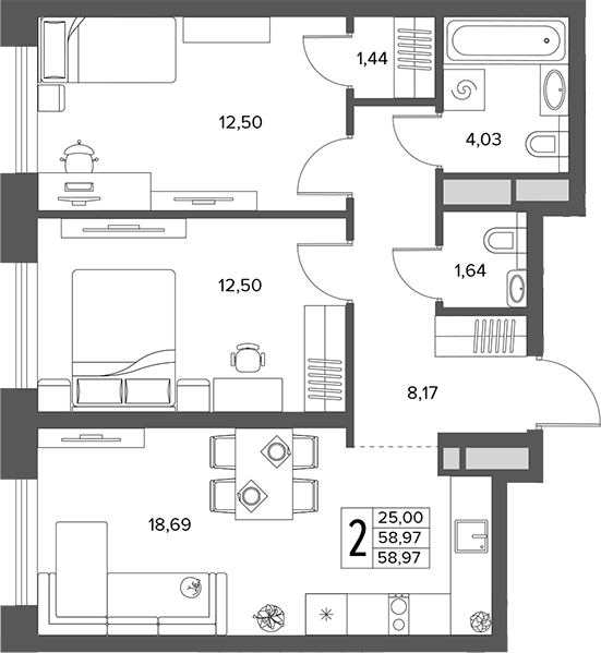 3-комн., 58.97 м², 4/14 этаж, ЖК «Городской бор»