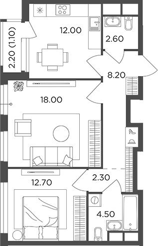 2-комн., 60.3 м², 20/22 этаж, ЖК «Филатов Луг»