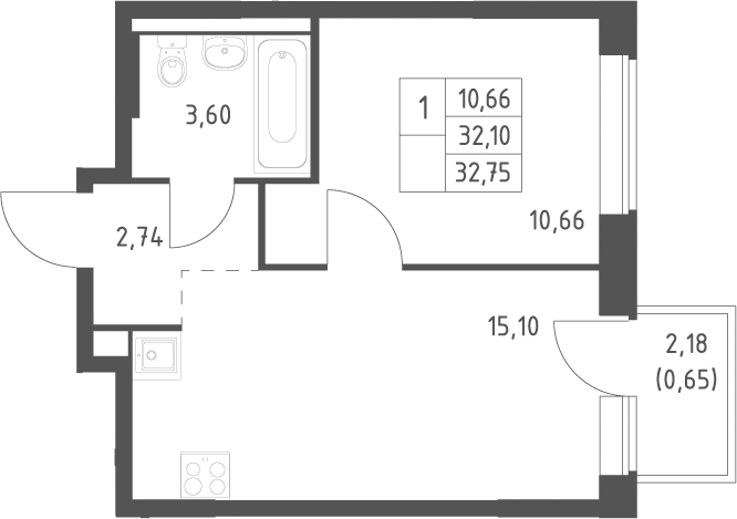 2-комн., 32.1 м², 4/12 этаж, ЖК «Большое Юрлово»