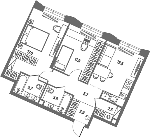3-комн., 60.7 м², 2/7 этаж, ЖК «КОД Сокольники»