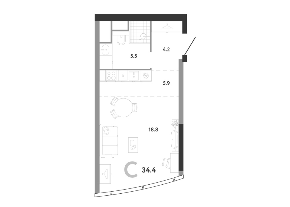 Студия, 34.4 м², 55/82 этаж, ЖК «АУРУС Резиденции»