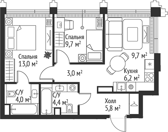 3-комн., 55.8 м², 42/45 этаж, ЖК «СЕТ»