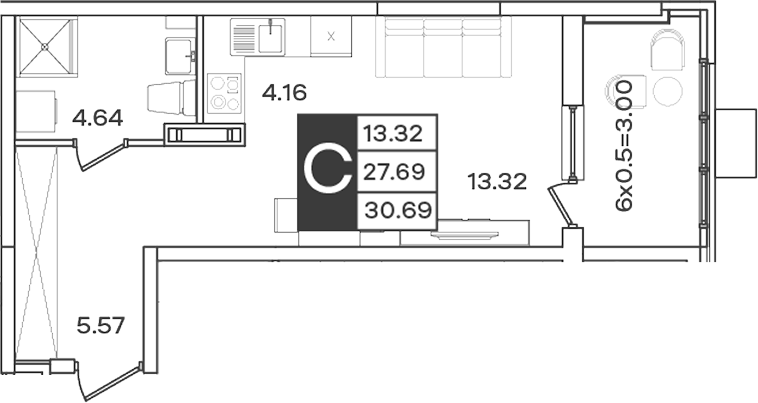 Студия, 27.69 м², 9/9 этаж, ЖК «Сюжеты»