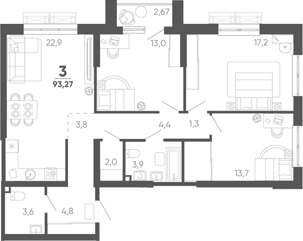 3-комн. квартира, 90.6 м² в ЖК Барса — фото 2