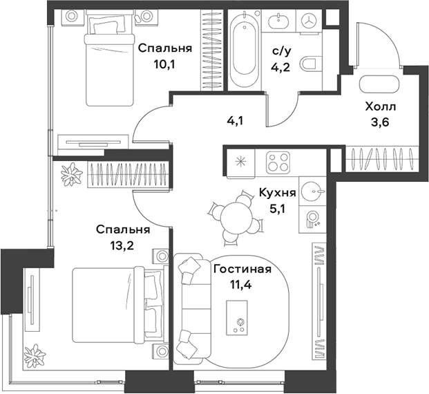 3-комн., 51.7 м², 12/28 этаж, ЖК «АЛИА»