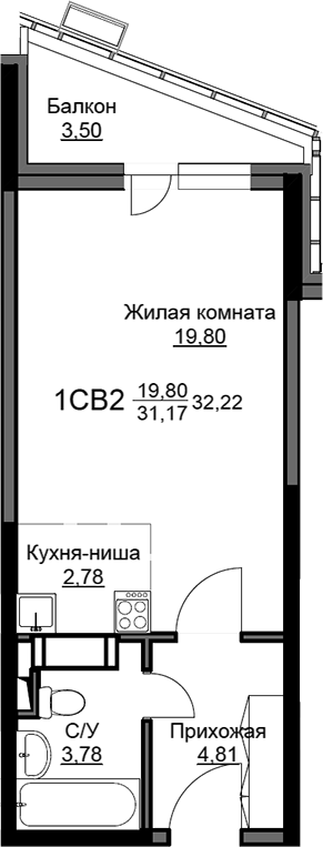 Студия, 31.55 м², 12/17 этаж, ЖК «Соболевка»