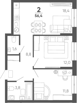 2-комн. квартира, 56.4 м² в ЖК Барса — фото 2