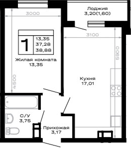 1-комн., 37.28 м², 14/16 этаж, ЖК «Горные высоты»