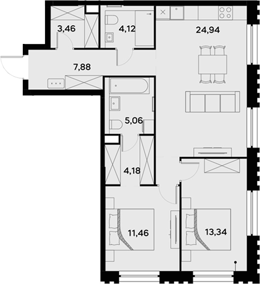 3-комн., 75.63 м², 31/52 этаж, ЖК «УЛЬТИМА Сити»