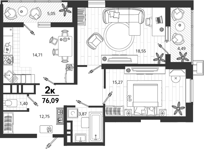 2-комн. квартира, 66.55 м² в ЖК Родные Просторы — фото 2