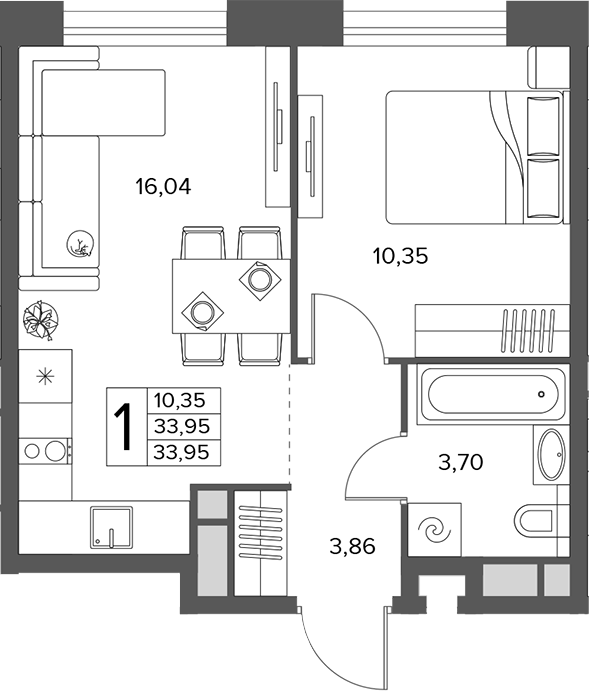 2-комн., 33.95 м², 8/18 этаж, ЖК «Городской бор»